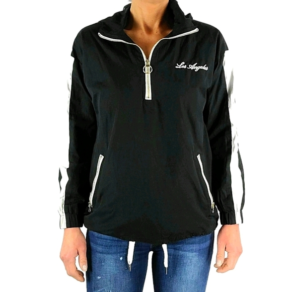 Forever 21 Quarter Zip LOS ANGELES Mesh Lined Hoodie Size Small Black White - Picture 7 of 9